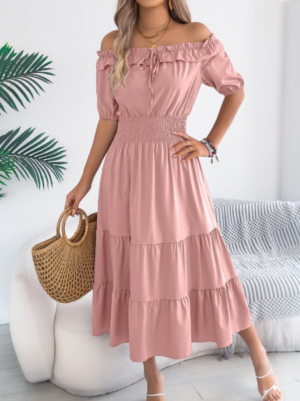 Dusty Pink Smocked Off-Shoulder Tiered Dress